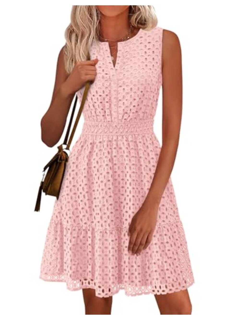 Women's Summer Eyelet A-Line V-Neck Sleeveless Midi Dress